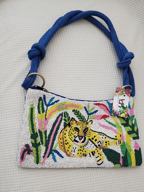 America & Beyond Handbags - Beaded Leopard Shoulder Bag in White and Blue